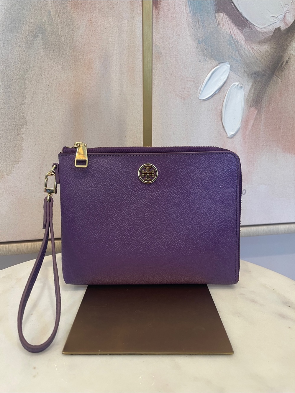 Tory Burch Purple Leather Wristlet with Gold Hardware